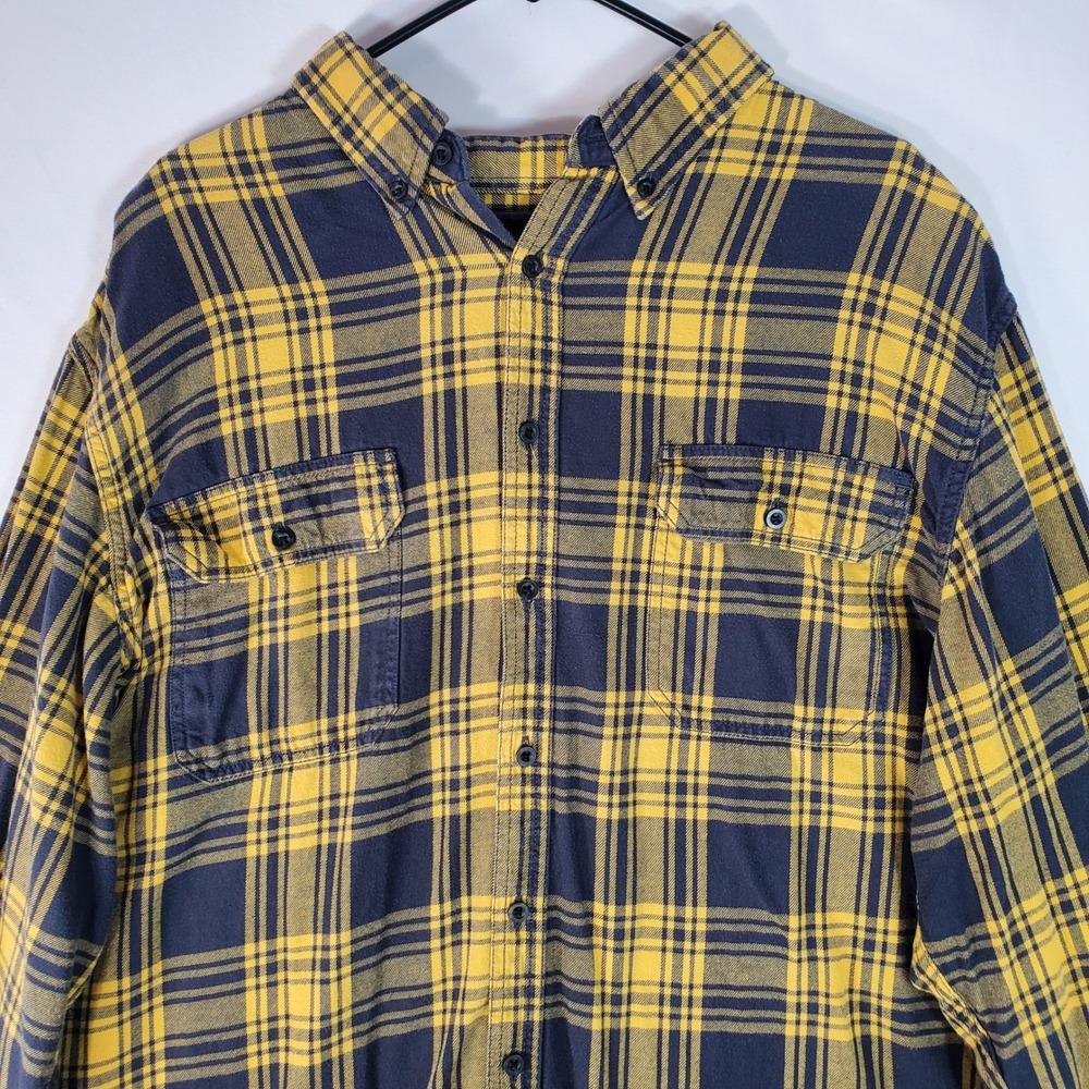 Faded Glory Mens 2XL Yellow Navy Blue Plaid Flannel Button Down Shirt Cotton
